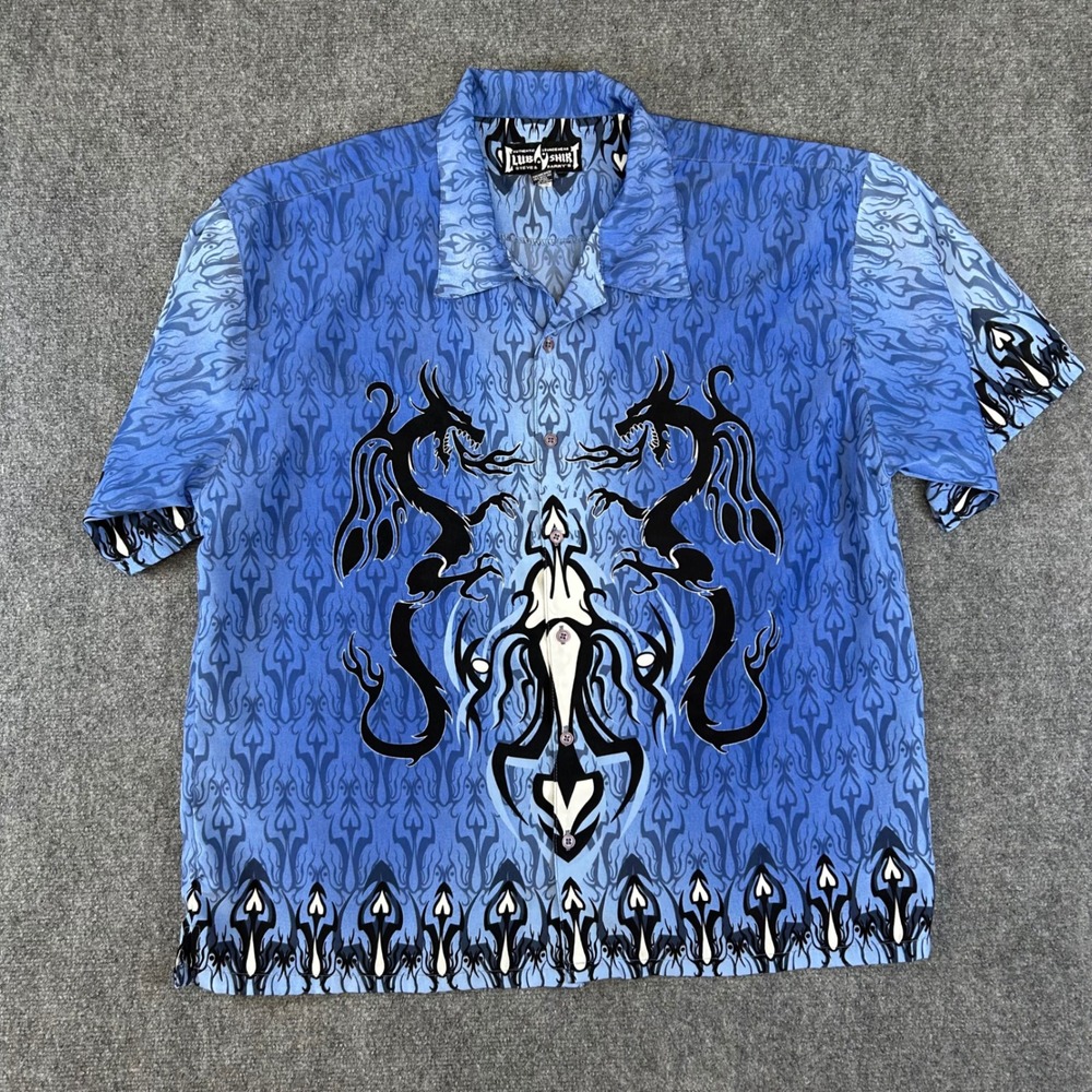 Steve & Barrys Club Shirt Mens XXL Blue Tribal Dragon Graphic Button Down Y2K